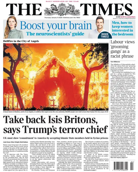 "Take back Isis Britons, says Trump's terror chief" headlines the Times 