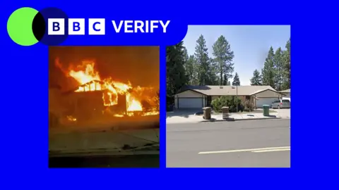 On the left is a screengrab from a video taken from a car which shows a house on fire, on the right if a Google Street View image of that same house in 2025.