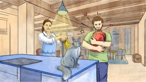 Sarah Dousse Reece re-united with his possessions and celebrating with the cleaner and cat