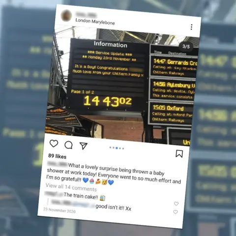 Instagram Information board at Marylebone station reading: "It's a Boy! Congratulations [blurred-out name], Much love from your Chiltern Family x"