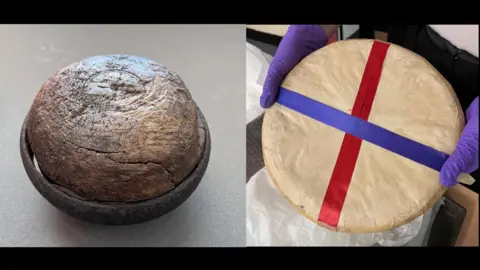 A side-by-side comparison showing a heavily cracked, darkened wooden cheese rolling disc alongside a lighter version, marked with red and blue ribbons and held by gloved hands.