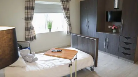 LDRS A patient's room showing a single bed with an over table, a window with cream and brown curtain and a wall of dark wood storage with a TV on the wall