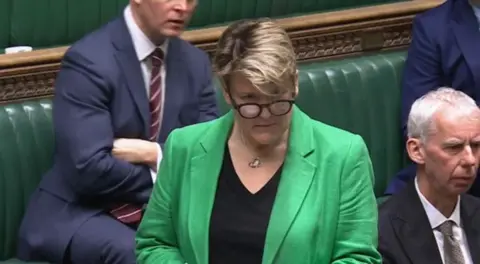 Local Democracy Reporting Service Glastonbury and Somerton MP Sarah Dyke addresses parliament in a green jacket and black top. Other male MPs are in the background.