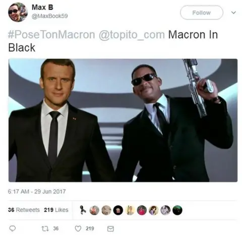 Twitter/MaxBook59 One tweeter Photoshopped Macron into a 'Men In black' poster next to actor Will Smith