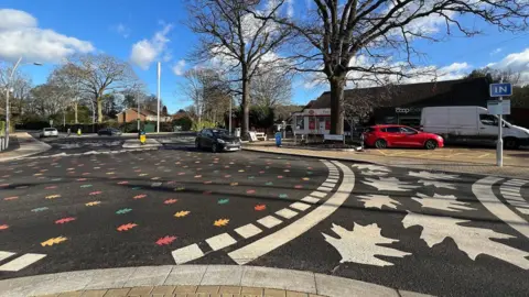 A photo taken from the pavement showing one of the roundabouts, with the white leaf crossing on the right and the rainbow leaf roundabout on the left. It is a sunny day and the sky is blue.