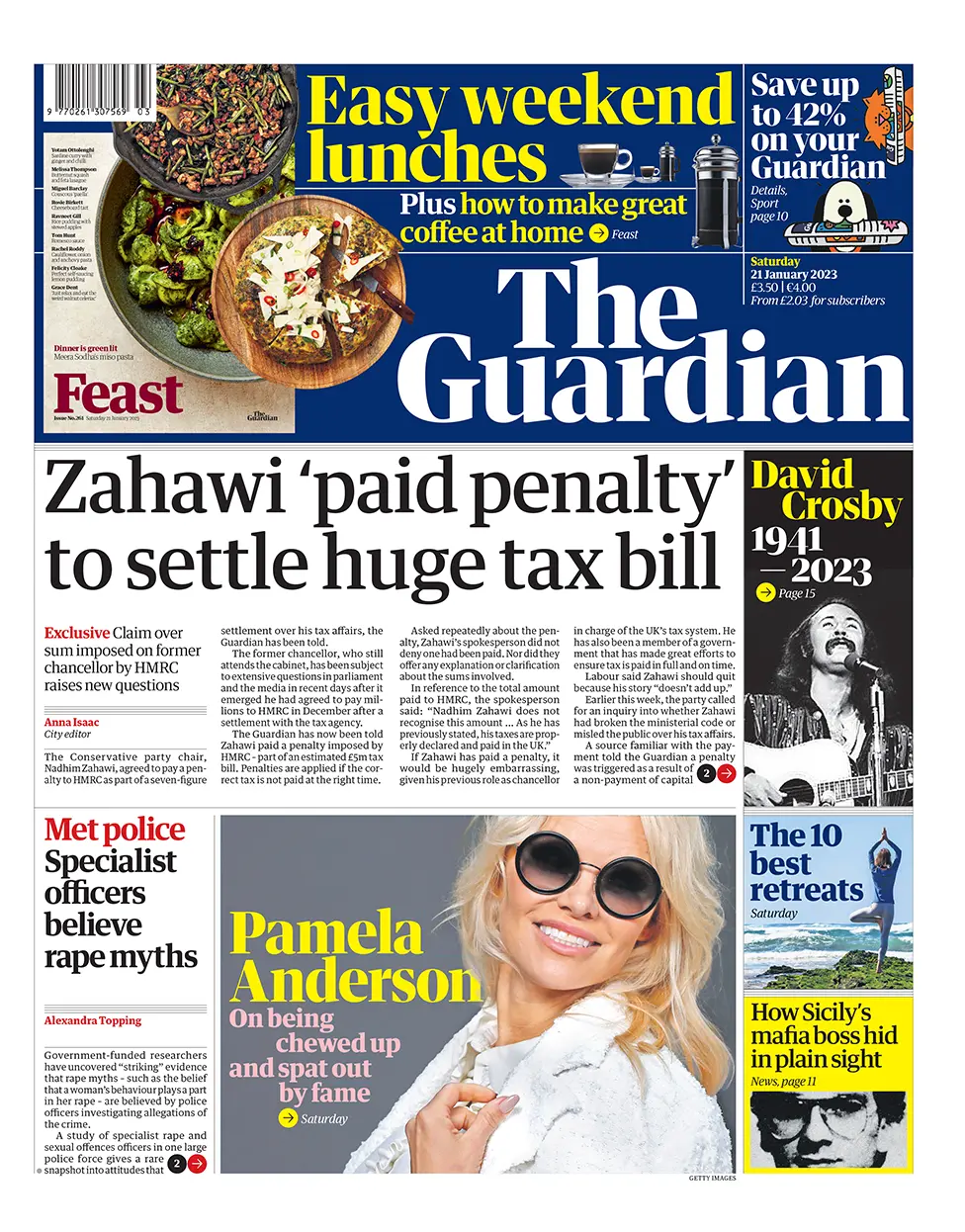 The Guardian has a picture of US actress Pamela Anderson as she is interviewed about being "chewed up and spat out by fame".