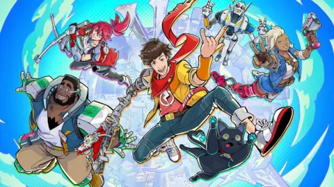 A colourful anime-style image of characters from the game Hi-Fi Rush