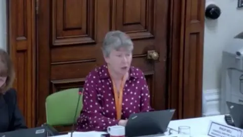 Birmingham City Council Karen McCarthy speaks at a meeting of the council cabinet. She is behind a laptop, speaking into a microphone. She is seated and wearing a purple blouse with white dots. She has grey short hair and is wearing an orange lanyard.