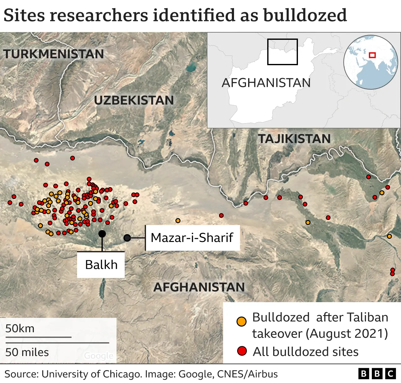 Map graphic showing locations of sites identified by Chicago University researchers as bulldozed, most are clustered in the Balkh region west of Mazar-i-Sharif