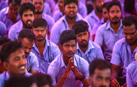 RUSHAN/EPA-EFE/REX/Shutterstock (14724285a) Indian workers of Samsung India Electronics participate in a strike in Chennai, Tamil Nadu India, 17 September 2024. Nearly 100 workers of Samsung India, along with Centre of Indian Trade Unions (CITU) leader E Muthu Kumar, President of the Samsung India Workers Union, were arrested on 16 September morning but were let off in the evening as Samsung employees' protest enters ninth day demanding better wages and improved working conditions.