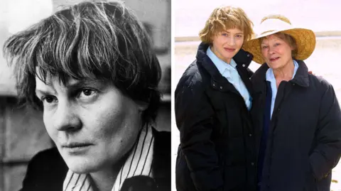 UK Press A collage of two images - a black and while photograph of Iris Murdoch on the left and a still from the film Iris where the author is portrayed by actresses Kate Winslet and Judi Dench. They are dressed similarly with long dark coats. Dame Judy is wearing a straw hat. Kate Winslet has her arm around her.