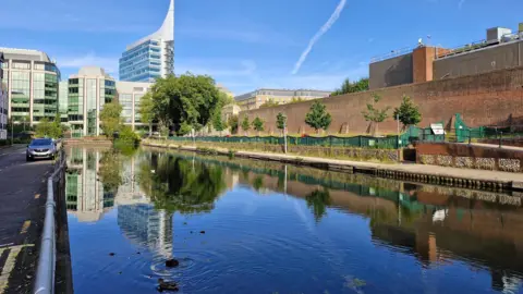 The River Thames running through Reading town centre, reflecting the blue sky, trees and buildings