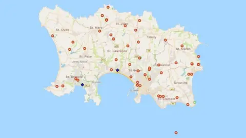Government of Jersey There are red marks pinpointing sightings of Asian hornets on map of Jersey