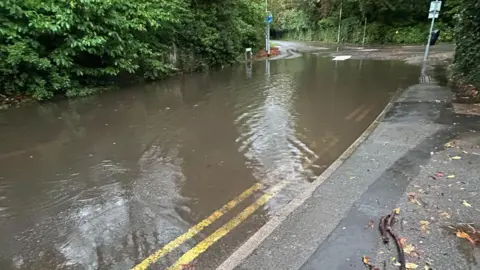 Alex Meadowcroft A flooded road near a small roundabout. There are green bushes on one side. The water looks to be a couple of inches deep.