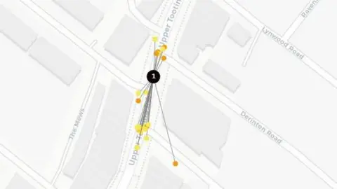 LCC The location of collisions on Upper Tooting Road