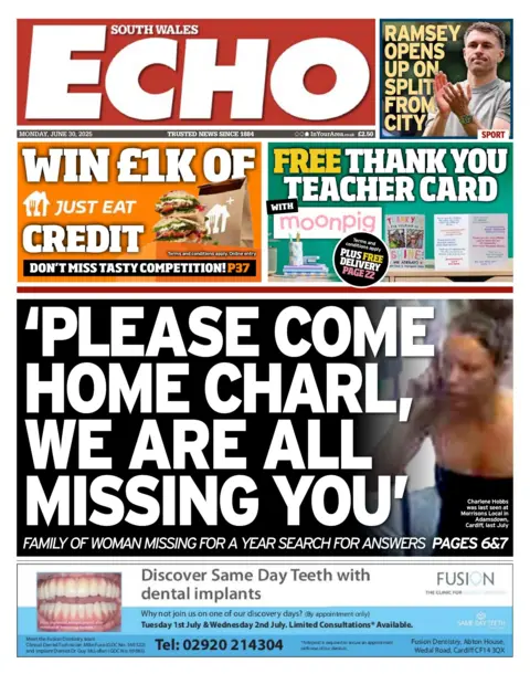 South Wales Echo South Wales Echo newspaper front page shows main headline next to a blurry photo of a woman on the phone wearing a black bandeau top: 'Please come home Charl, we are all missing you'. Other headlines on the front page are: 'Ramsey opens up on split from city'. 