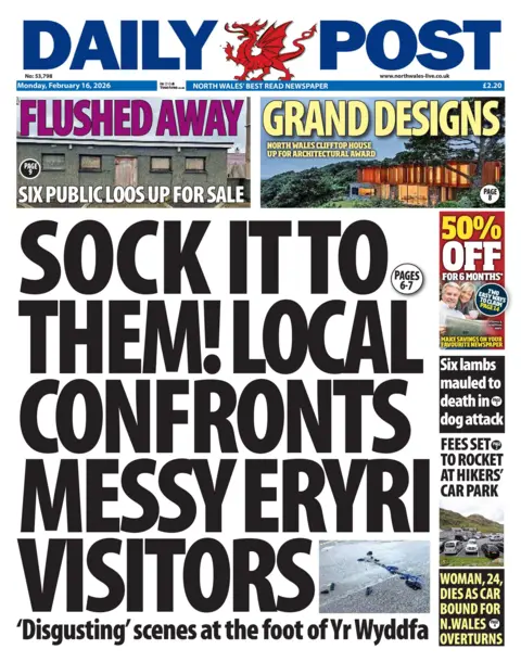 Daily Post Front page of Daily Post shows main headline "Sock it to them! Local confronts messy Eryri visitors" next to an small image of a bags of rubbish on a concrete road. Other headlines read: "Flushed away, Six public loos up for sale", "Grand designs, North Wales clifftop house up for architectural", "Six lambs mauled to death in dog attack", "Fees set to rocket at hikers' car park", "Woman, 24, dies as car bound for N.Wales overturns". 