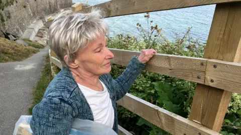 A lady with grey hair is looking through a fence to see the view of the sea beyond.