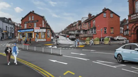 Leeds City Council A main road with white markings painted on the surface. There are houses and shops in the background with people walking on the pavement a light blue car on the road.