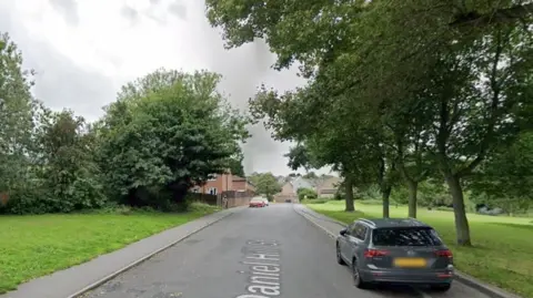 A near empty road has two plots of green lawn and trees either side of it