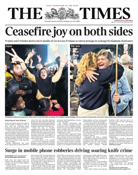 The headline on the front page of The Times read: "Joy of ceasefire on both sides"