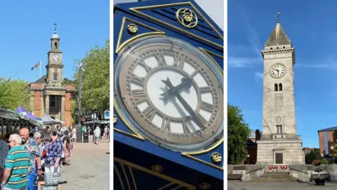 A composite image showing the Guild Hall in Newcastle-under-Lyme, the Blue Clock in Hanley and the Nicholson War Memorial in Leek.