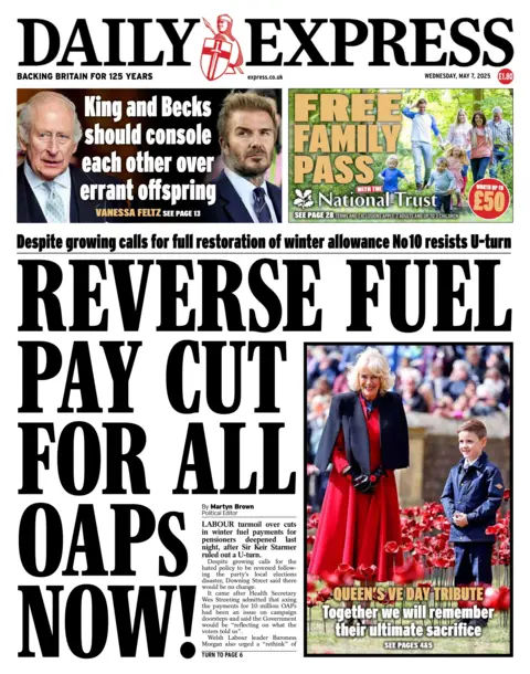 The headline on the front page of the Daily Express reads: "Reverse fuel pay cut for all OAPs now!"