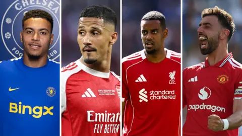 Split picture of Morgan Rogers, William Saliba, Alexander Isak and Bruno Fernandes