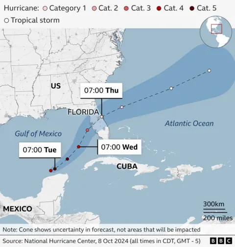 A BBC map shows the expected path from south-west to north-west of Hurricane Milton, through the Gulf of Mexico (Monday and Tuesday) and across Florida (from 19:00 on Wednesday)