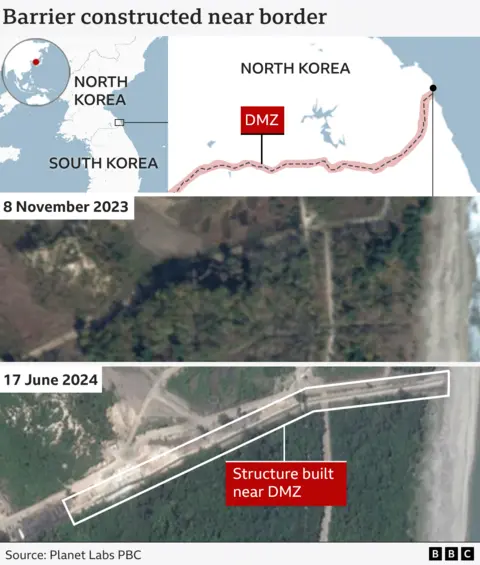 Two satellite images showing construction of a visible wall near the North Korean border