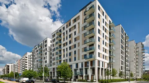 Apartments at East Village London, formerly the Athletes Village part of the 2012 Olympic site, Stratford, on a sunny day