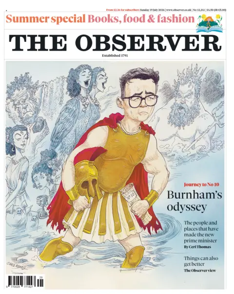 The headline on the front page of the Observer reads: 'Burnham's odyssey.'