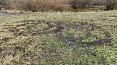 Rachel Locke A piece of grassland with motorbike tracks all over it 