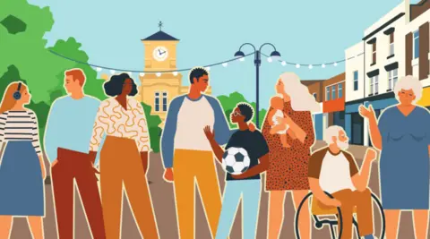 A computer-generated drawing showing eight people in the foreground. Buildings are on the right, what could be Bilston town hall is in the middle and a tree is on the left in the background.