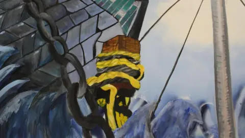 Boulevard Academy Artwork in grey and blue depicting a seascape with a mast, sail and chain. In the centre of the image is a yellow and black length of rope wound around a piece of wood. 