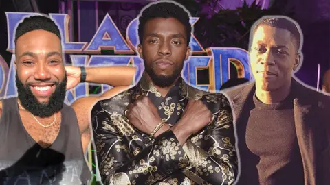 Getty Images/BBC Composite of Black Panther super-fans with Chadwick Boseman