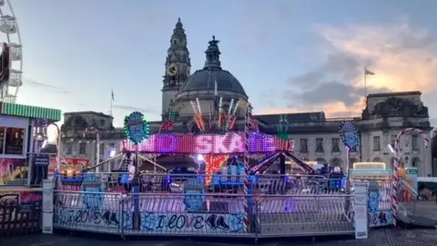 Cardiff's Winter Wonderland with the Ice Skater Sizzler ride seen in the photo