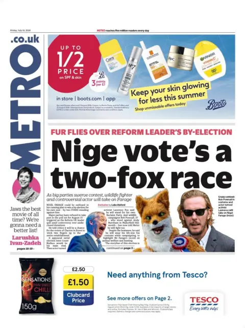 The headline on the front page of the Metro reads: 'Nige vote's a two-fox race.'