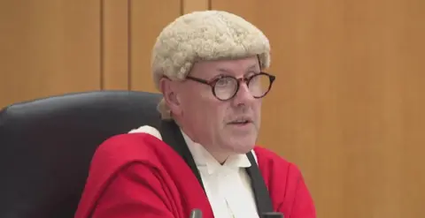 Mr Justice Hilliard delivers his sentence. He is wearing a wig and red robes and is wearing spectacles.