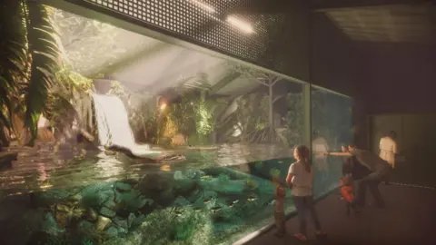 Feilden Clegg Bradley Studios A CGI-generated image of an underwater viewing area. There is a glass screen which is half full of water with lots of rocks and plants above the water and several fish swimming past while visitors watch and point 