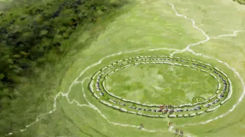 Jennie Anderson A reconstruction of Flagstones circular enclosure seen shortly after construction in the middle Neolithic period. People are also drawn at the site.