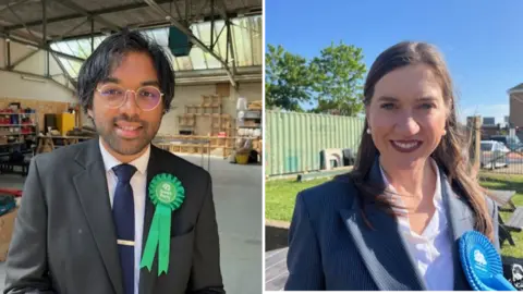 A composite of two pictures of a man and a woman both formally dressed and wearing coloured rosettes, posing for a photo. 