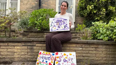 The Haven Wolverhampton A person sits on a low brick wall outside a building, holding a hand‑painted sign, with two colourful signs placed on the ground in front and bushes around the edges.
