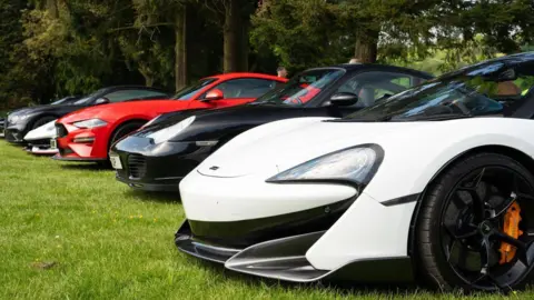 Half a dozen white, red and black supercars line up on some grass.