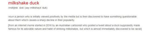 Macquarie Dictionary A dictionary entry for 'milkshake duck' says: "(noun) a person who is initially viewed positively by the media but is then discovered to have something questionable about them which causes a sharp decline in their popularity"