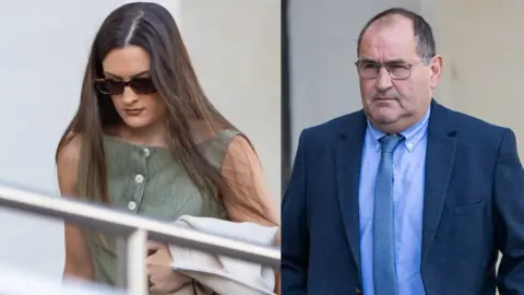 On the left a woman with long dark, hair, wearing sunglasses and a green top. On the right is a man with short glasses, wearing a blue suit and blue shirt and tie