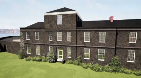 States of Guernsey A computer generated image of a brown brick building with 17 windows, over two storeys. 