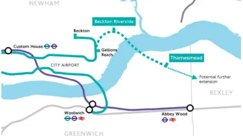 TfL A Tube map shows how an extension of the DLR would come out of Gallions Reach to the north of the river with a turquoise colour - with dotted lines to Beckton Riverside and Thamesmead. 