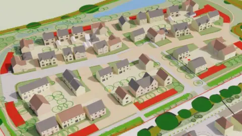 David Jarvis Associates A housing drawing plan with a bird's-eye view of detached and semi-detached properties with gardens, driveways, streets and a pond.