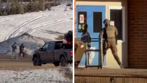 A composite image of two pictures. The left shows two blurred people running away towards a snowy hill in the background. A parked grey truck is in the foreground. The second picture shows a person wearing green army-style fatigues and a helmet outside of a blue double door into Tumbler Ridge Secondary School